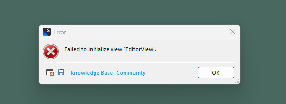 Error message in Trados Studio: 'Failed to initialize view EditorView' with options for Knowledge Base, Community, and an OK button.