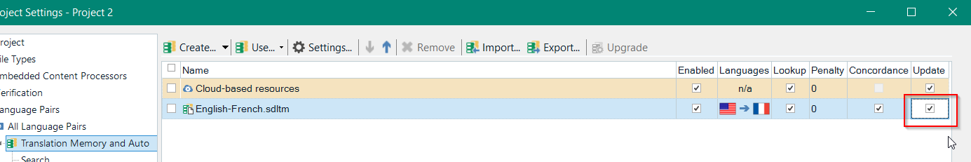 Trados Studio Project Settings window showing English-French translation memory with unchecked 'Update' option.