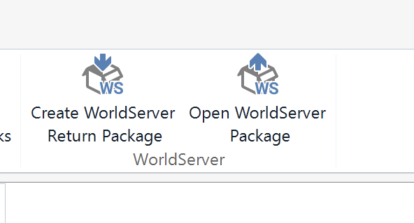 Trados software interface displaying WorldServer icons for 'Create WorldServer Return Package' and 'Open WorldServer Package'.