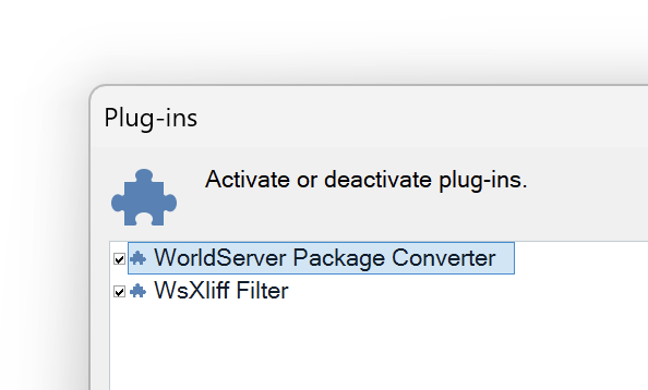 Trados plug-in management window showing 'WorldServer Package Converter' and 'WsXliff Filter' plug-ins listed as installed.