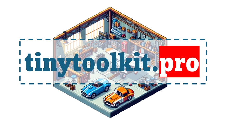Logo of tinytoolkit.pro featuring a pixel art garage with two cars and tools, overlaid with the website name in bold text.