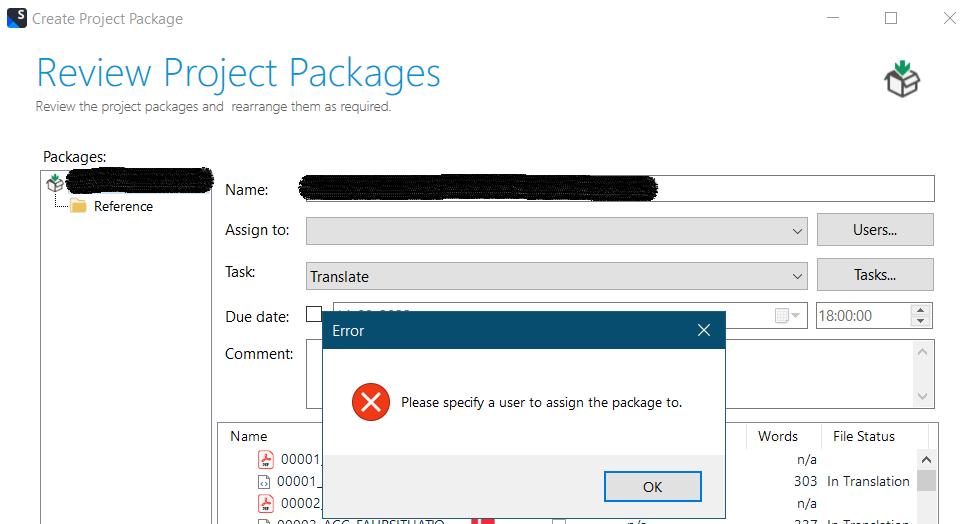 Trados Studio 2022 error message 'Please specify a user to assign the package to' with an 'OK' button, while the 'Assign to' field is empty.