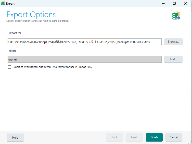 Screenshot of Trados Studio Export Options window with a file path specified for export and the Next button grayed out.