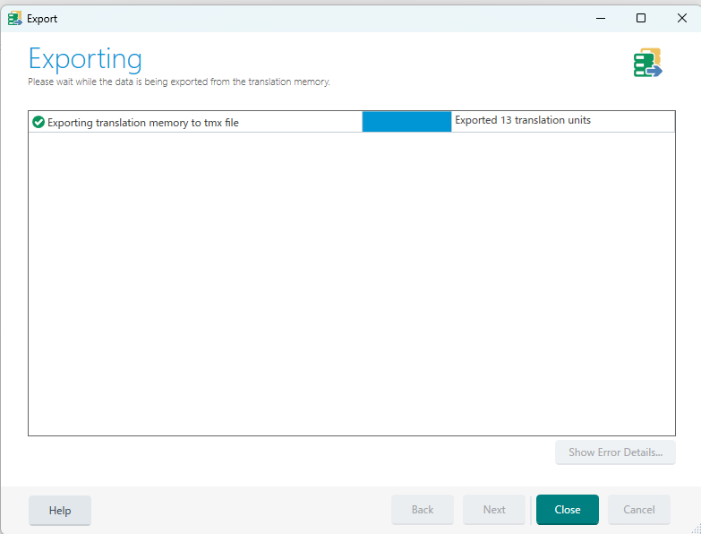 Screenshot of Trados Studio Exporting window showing progress of exporting translation memory to TMX file with 13 units exported.