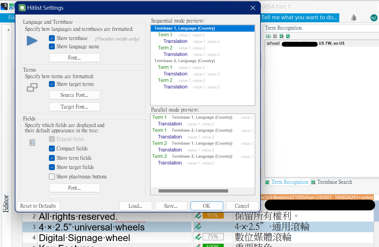 Trados Studio Hitlist Settings window showing options for language and termbase formatting, term formatting, and field display. Sequential and parallel mode previews are visible with sample terms and translations. Term Recognition panel shows the term 'wheel' with language settings 'us-TW, en-US'.