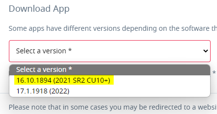 Dropdown menu for selecting software version with options '16.10.1894 (2021 SR2 CU10+)' and '17.1.1918 (2022)' highlighted.