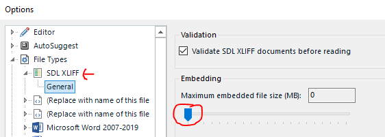 Trados Studio Options dialog showing File Types settings with Maximum embedded file size set to 0 MB highlighted.