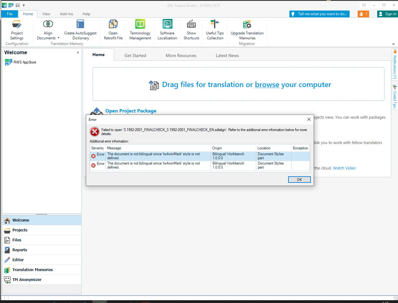 Error message in SDL Trados Studio software stating 'Failed to open 31992_2001_FINALCHECK_31992_2001_FINALCHECK_EN.sdlalign'. It suggests the document is not bilingual since 'tw4winMark' style is not defined.