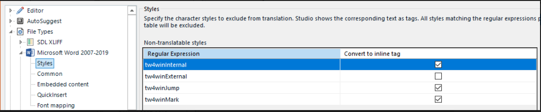 SDL Trados Studio File Types window displaying 'tw4winMark' listed under Non-translatable styles with an option to convert to inline tag.
