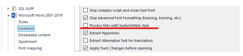SDL Trados Studio File Options window showing 'Process files with tw4winMark style' option checked under Microsoft Word 2007-2019 Styles settings.