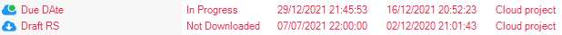 Screenshot showing two Trados Studio projects with status. 'Due Date' project is in progress, not downloaded, with cloud project icon. 'Draft RS' project is in progress, not downloaded, with cloud project icon.
