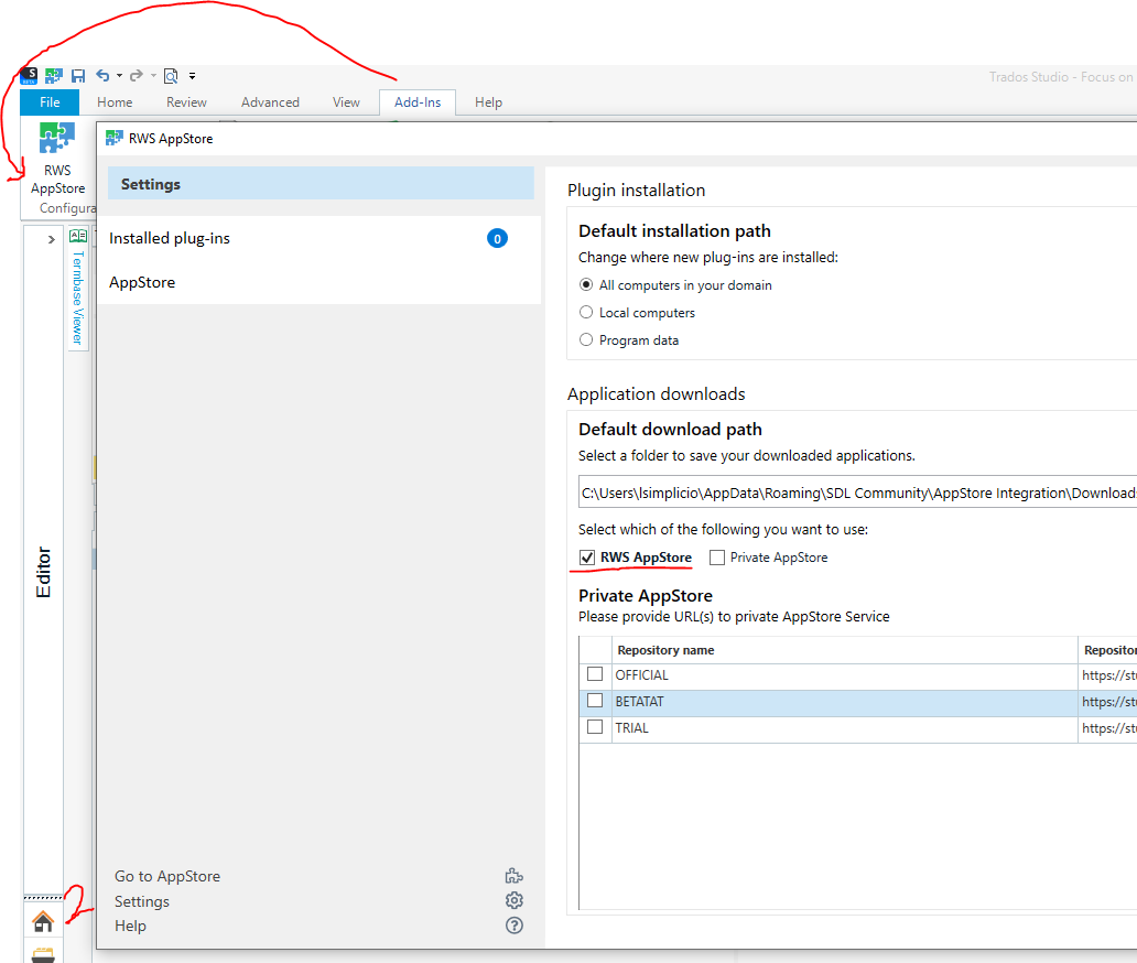 Screenshot of Trados Studio settings showing RWS AppStore configuration with 'RWS AppStore' selected and default download path specified.