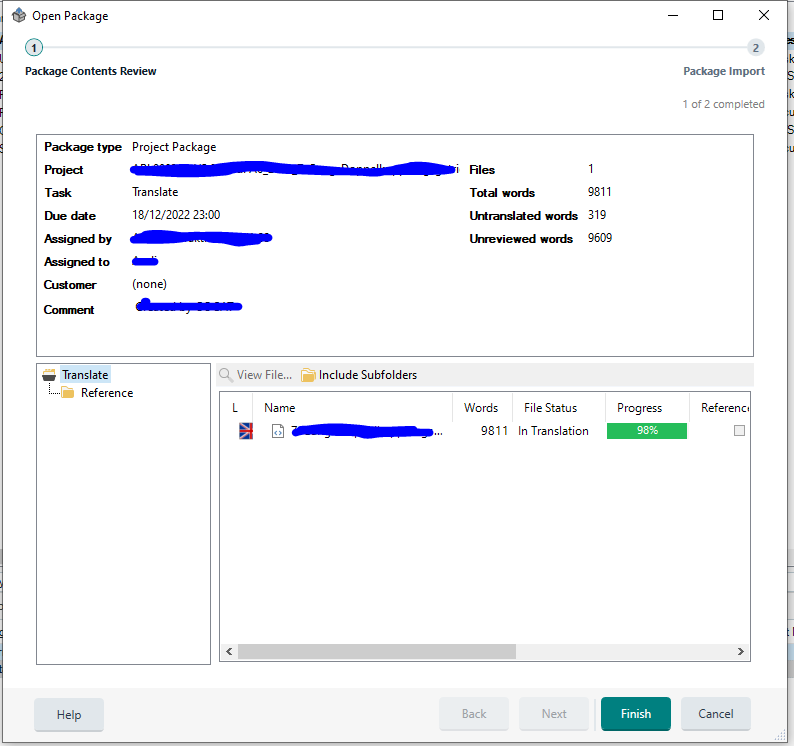 Trados Studio Open Package window showing Package Contents Review with a project package selected, due date, and progress at 98%.
