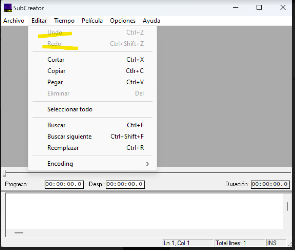 Screenshot of SubCreator software with the 'Editar' dropdown menu open, showing 'Undo' and 'Redo' options greyed out and not selectable.