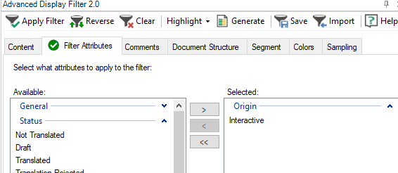 Trados Studio Advanced Display Filter 2.0 window showing options to apply filter with 'Interactive' selected under 'Origin' in the 'Selected' column.