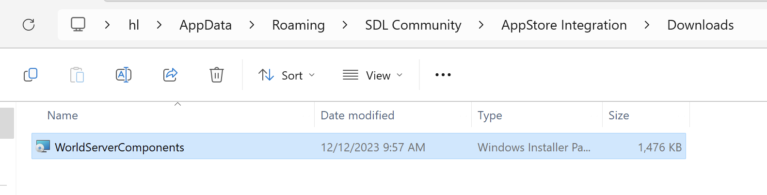 File Explorer window showing 'WorldServerComponents' with a file type of 'Windows Installer Package' and a size of 1,476 KB, last modified on 12122023 at 9:57 AM.