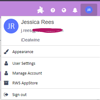 Trados Studio user menu with options for Appearance, User Settings, Manage Account, RWS AppStore, and Sign out. User's name and email partially redacted for privacy.