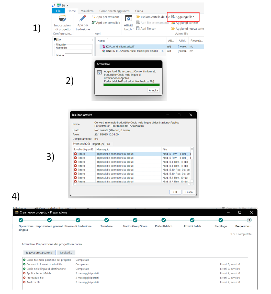 Trados interface showing the 'Add Files' button highlighted in red and a list of files in the project.