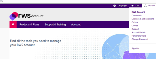Screenshot of the RWS Account dashboard showing navigation options like Products & Plans, Support & Training, and Account. A dropdown menu on the right lists options like Downloads and Sign Out.
