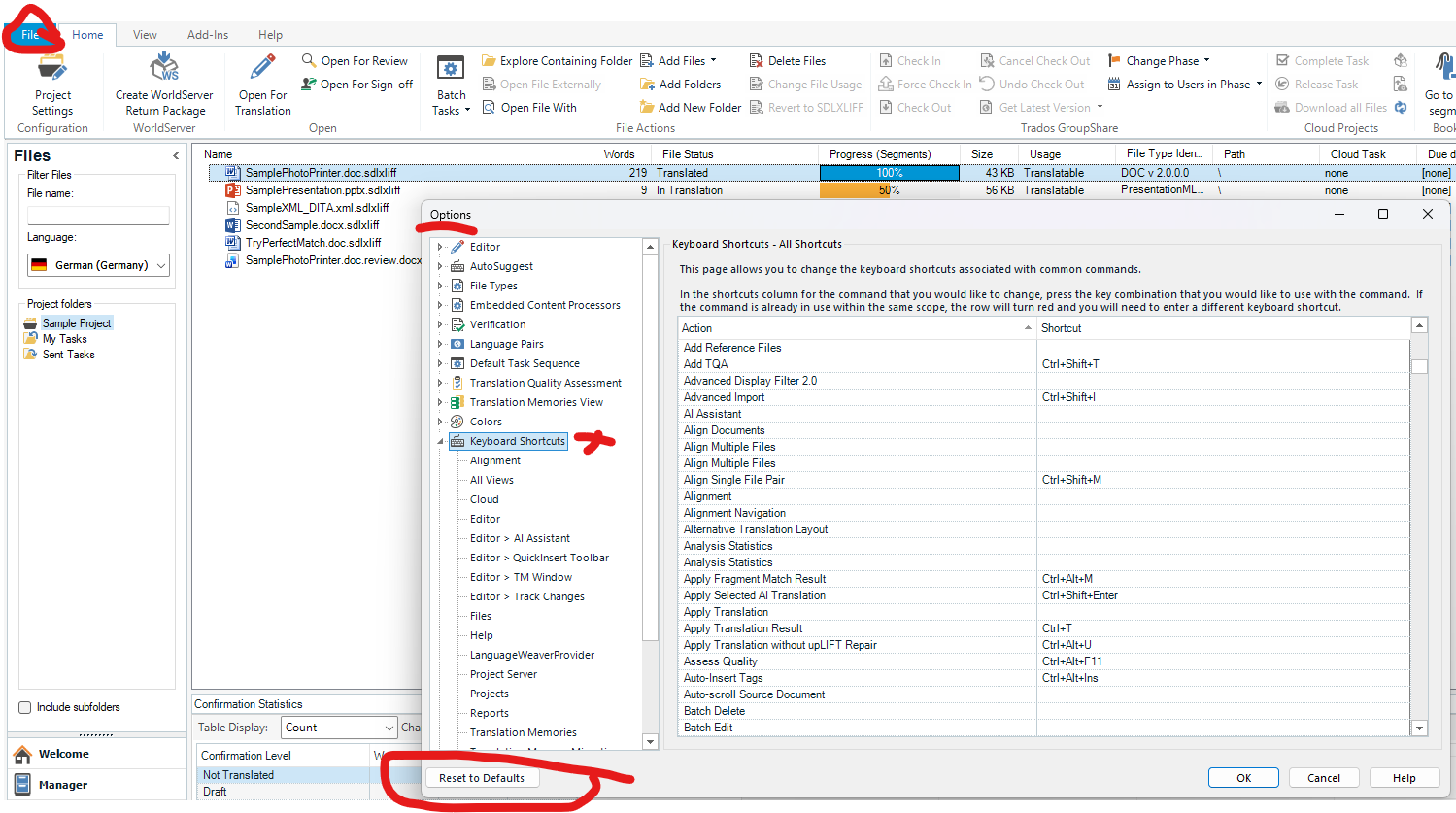 Screenshot of the Trados interface showing the File menu highlighted, the Keyboard Shortcuts option selected in the Options menu, and the Reset to Defaults button circled at the bottom.