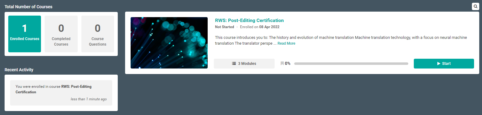 Screenshot of Trados Studio's MyLX External Portal showing 'Total Number of Courses' with '1 Enrolled Courses', '0 Completed Courses', and '0 Course Questions'.