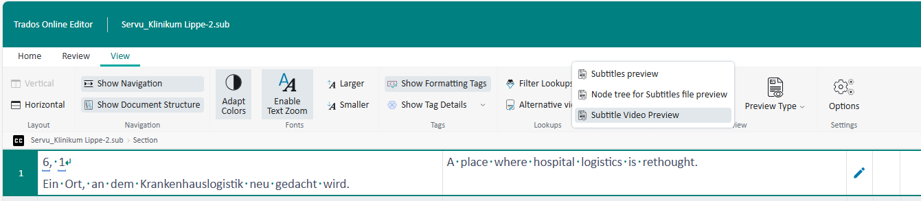 Trados Online Editor interface showing the 'View' tab with options like 'Show Navigation,' 'Show Document Structure,' and 'Subtitle Video Preview' dropdown highlighted.