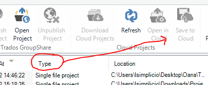 Trados Studio project list with an arrow pointing to 'Type' column indicating 'Single file project'.