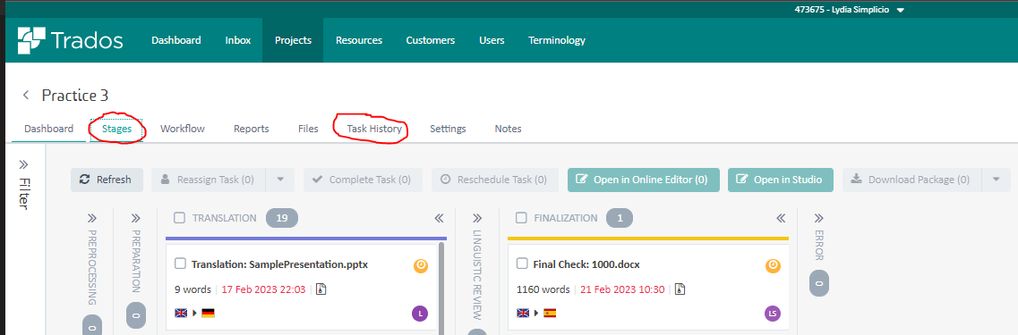 Trados Studio screenshot showing Practice 3 project with tabs for Dashboard, Stages, Workflow, Reports, Files, Task History, Settings, and Notes. Task History is circled in red.