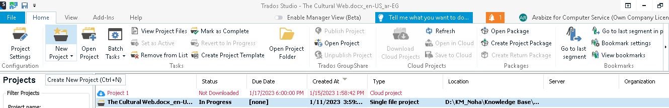 Trados Studio interface with 'Save to Cloud' button grayed out. Project 'The Cultural Web.docx' in progress, no due date, created on 1112023. User signed in as 'Arabize for Computer Service'.