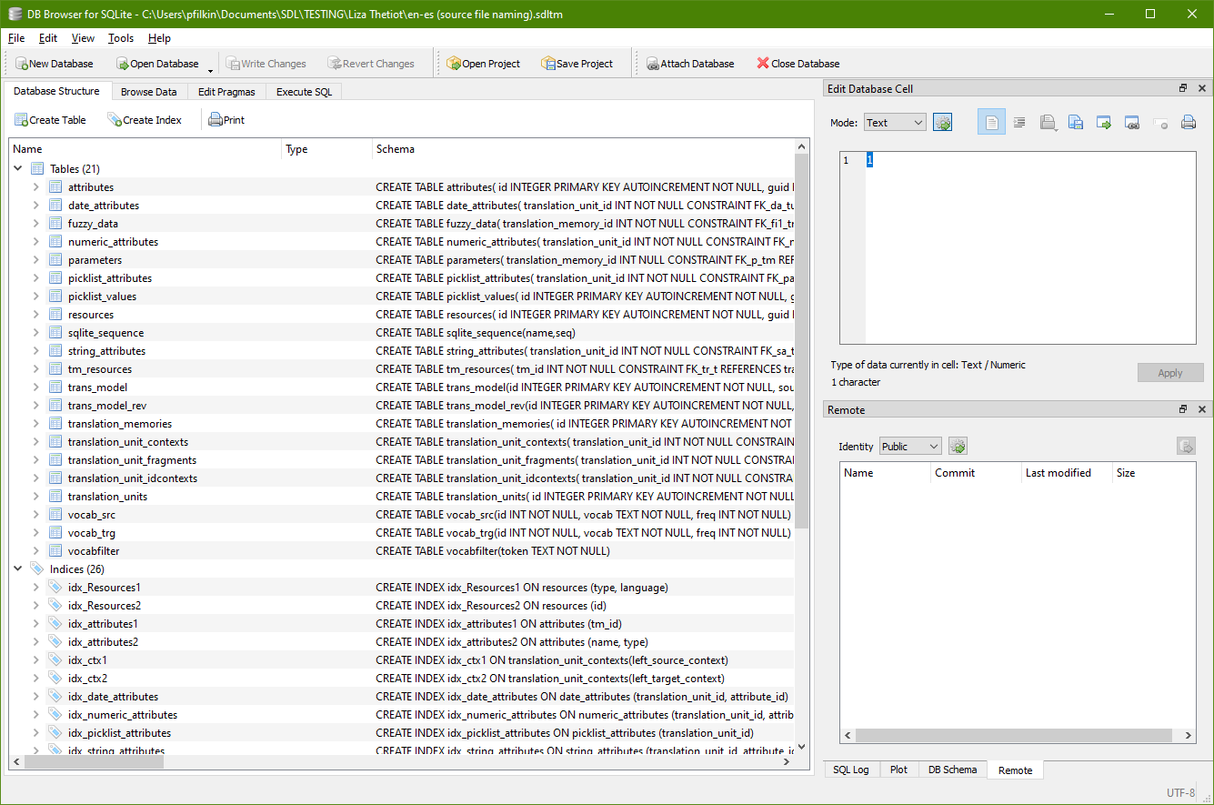 Screenshot of DB Browser for SQLite showing the database structure with a list of tables and indices, with 'string_attributes' table highlighted.