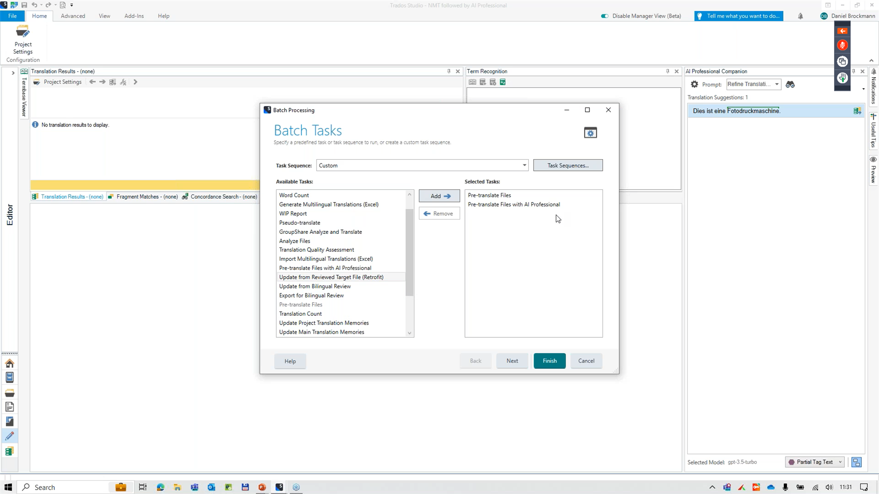 Screenshot of Trados Studio's Batch Processing window showing 'Pre-translate Files' and 'Pre-translate Files with AI Professional' selected under the 'Selected Tasks' section.