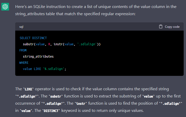 Screenshot of a text box with an SQLite instruction to select distinct values from the 'value' column in the 'string_attributes' table, excluding '.sdlalign' part.