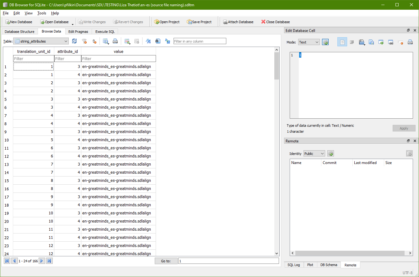 Screenshot of DB Browser for SQLite displaying the 'Browse Data' tab with the 'string_attributes' table selected, showing multiple entries with source and target filenames.
