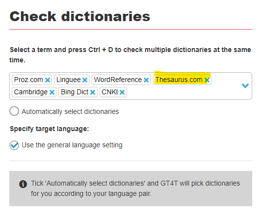 A settings panel titled 'Check dictionaries' with options to select online dictionaries like Proz.com, Linguee, WordReference, Thesaurus.com, and others for language checking.
