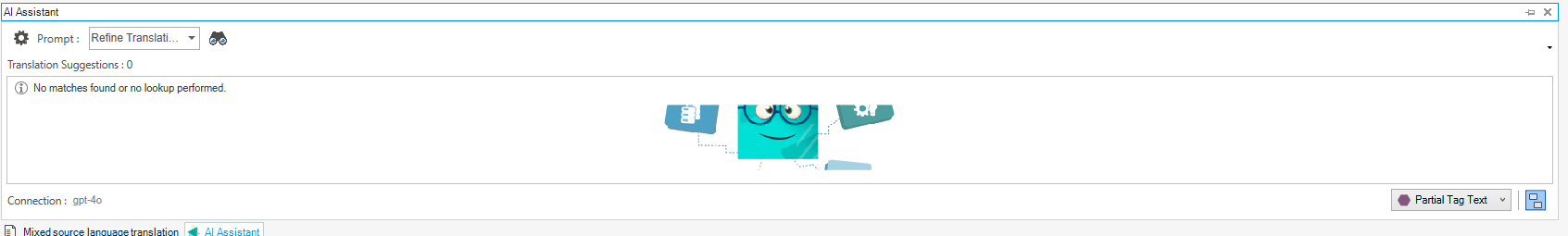 Screenshot of an AI Assistant interface with a message 'No matches found or no lookup performed.' and an animated character holding a phone, indicating no translation suggestions are available.