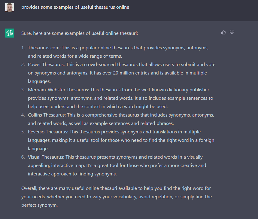A list of online thesauri with descriptions, including Thesaurus.com, Power Thesaurus, Merriam-Webster Thesaurus, Collins Thesaurus, Reverso Thesaurus, and Visual Thesaurus.