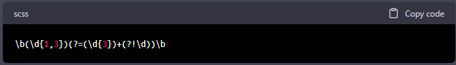 Screenshot of a regular expression in SCSS format that does not work as intended for adding comma separators in numbers.