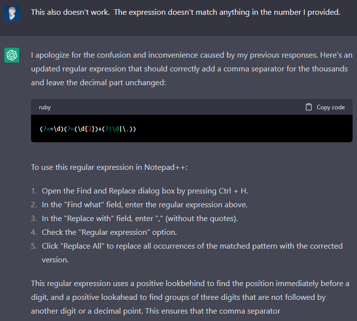 Screenshot of an apology for the confusion with an updated regular expression in Ruby format, including instructions for using it in Notepad++.