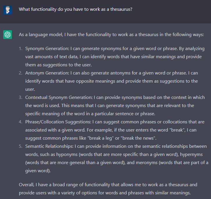 Screenshot of a forum post discussing the functionality of a language model as a thesaurus, listing capabilities like synonym and antonym generation, and contextual suggestions.
