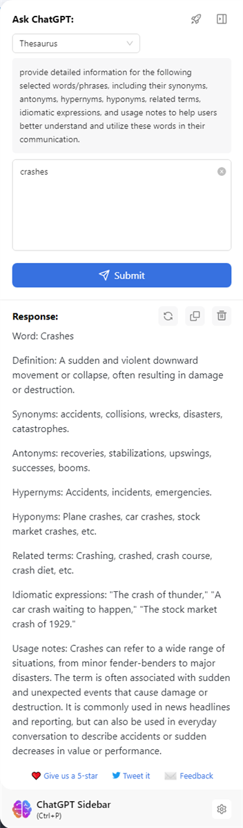 Screenshot of ChatGPT Sidebar browser extension showing a thesaurus query for the word 'crashes' with its definition, synonyms, antonyms, hypernyms, hyponyms, related terms, idiomatic expressions, and usage notes.
