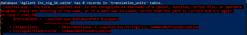 Error message in Windows PowerShell indicating 'sqlite3.exe' is not recognized as a command, function, or operable program.