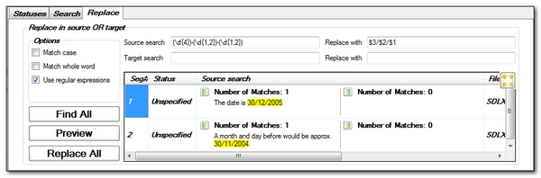 Screenshot of Trados Studio's SearchReplace feature showing options for source search with regular expressions and a replace field. Two search results are listed with one match found for the first result.