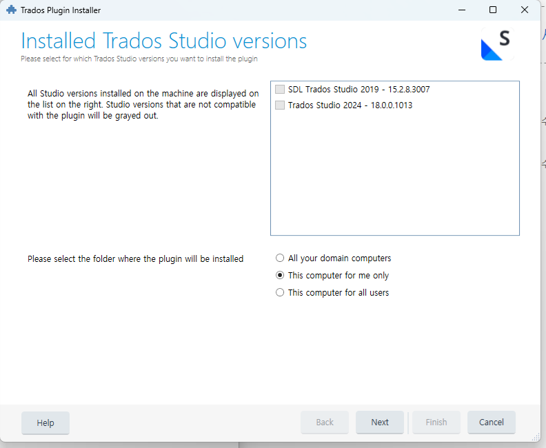 Screenshot of Trados Plugin Installer showing Installed Trados Studio versions with two versions listed: SDL Trados Studio 2019 - 15.2.8.3007 and Trados Studio 2024 - 18.0.0.1013. Options to select installation folder and user scope are present.