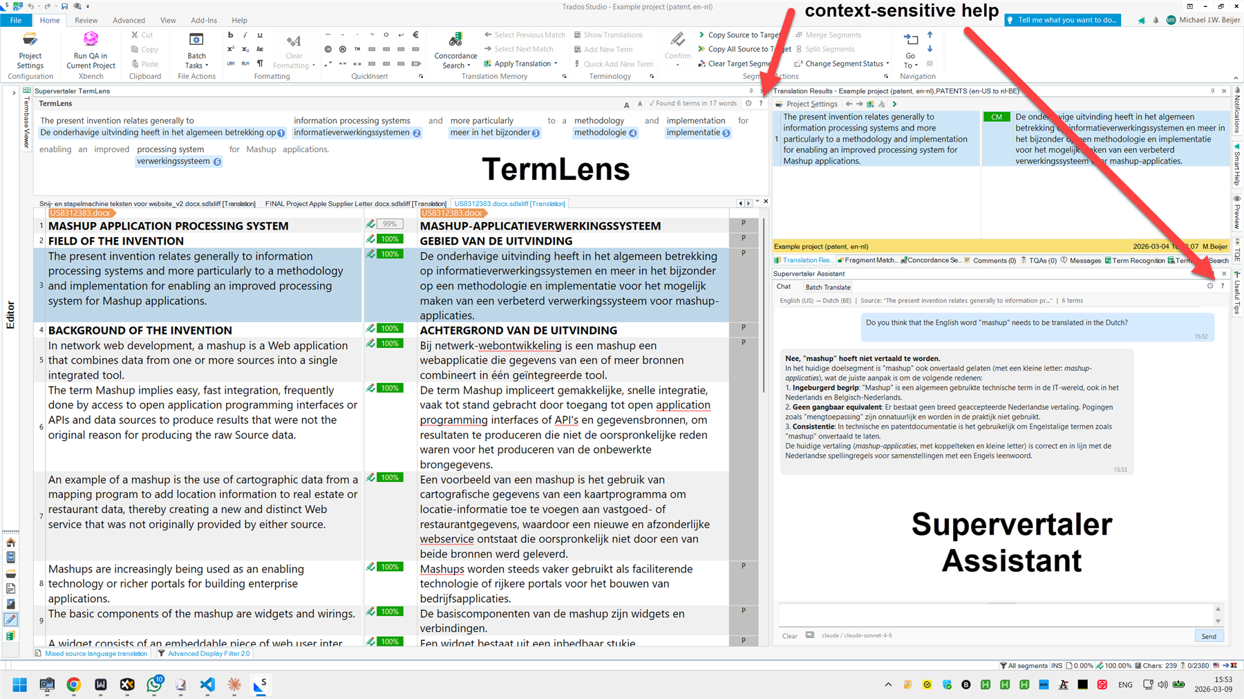 A screenshot of the Supervertaler Assistant interface in Trados Studio. It includes a context-sensitive help section, bilingual text, and highlighted terms in the TermLens panel.
