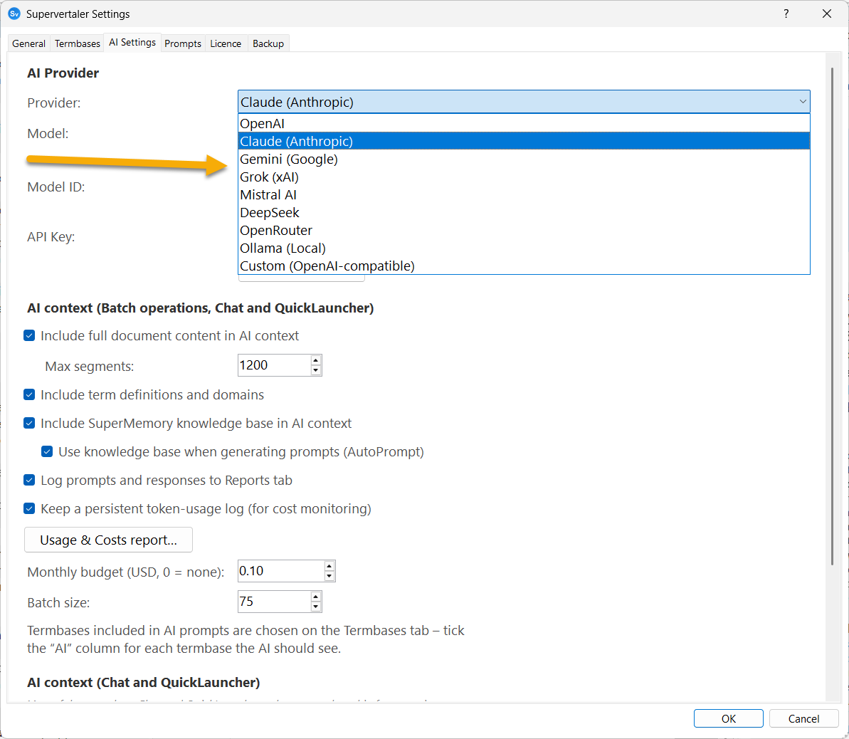 Supervertaler Settings window showing AI Provider options, with a dropdown menu for selecting models such as Claude, Gemini, and others. An arrow points to Gemini (Google).