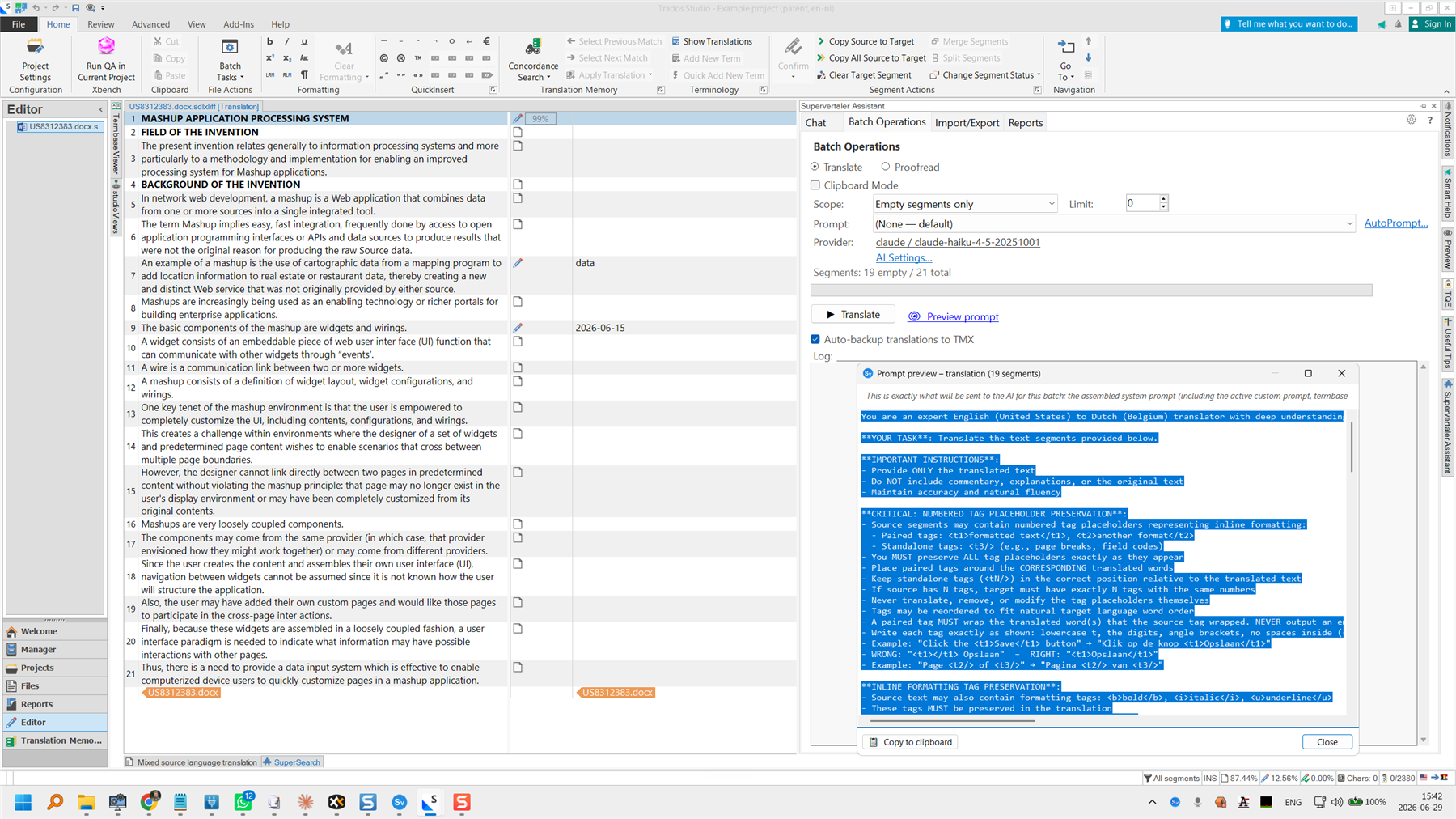 Trados Studio interface displaying a translation project. The Supervertaler Assistant panel is open, showing batch operations and a preview prompt for translation tasks.