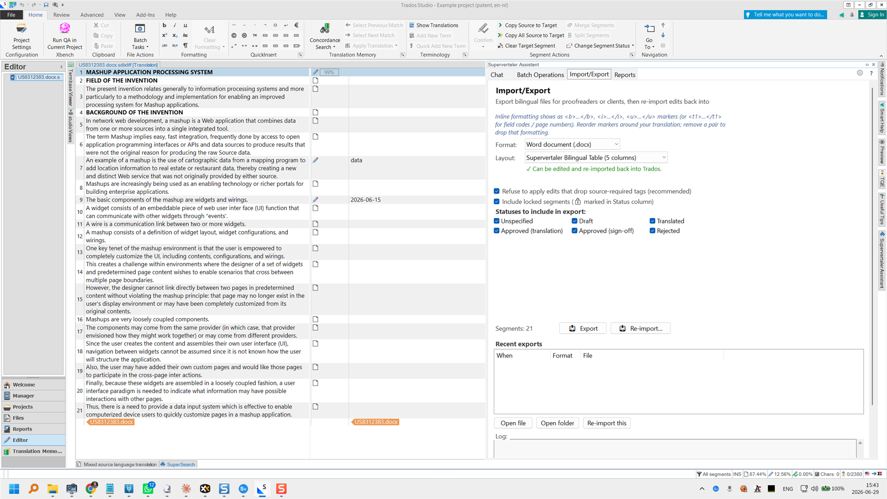 Trados Studio interface displaying a translation project. The Supervertaler Assistant panel is open, showing ImportExport options with settings for exporting bilingual files.