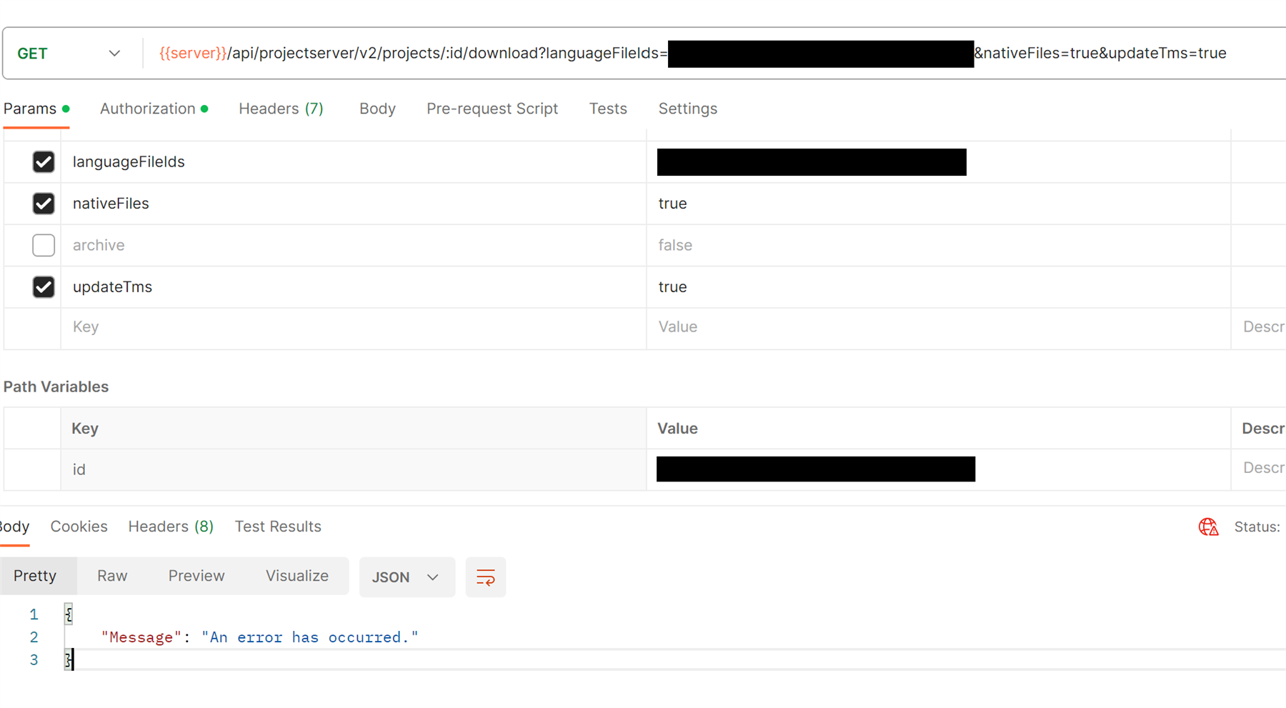 Screenshot of Trados Studio API parameters with checkboxes for languageFields, nativeFiles, and updateTms. Error message displayed in JSON format reads 'An error has occurred.'