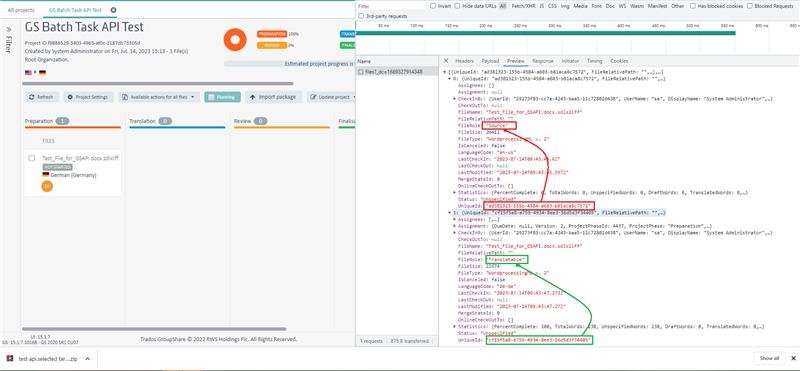 Trados Studio screenshot showing the GS Batch Task API Test interface with a focus on the Properties panel and the Translation Files list, which includes 'Test_file_en-gb.sdlxliff' and 'Osama (Germany)'.