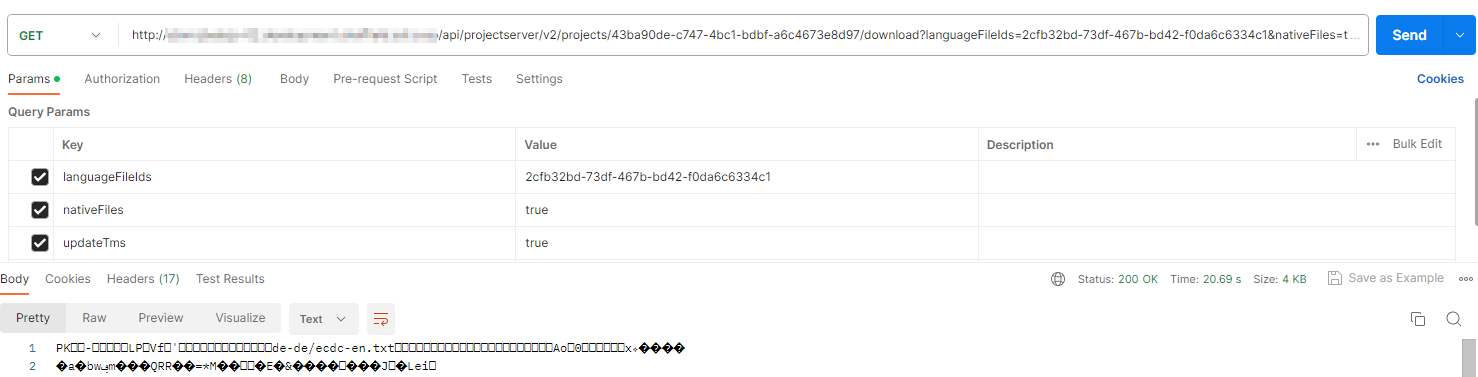 Screenshot of a Postman GET request to a Trados Studio API endpoint with query parameters for languageFiles, nativeFiles, and updateTms set to true. The response body shows garbled text, indicating a possible encoding issue. The status code is 200 OK.